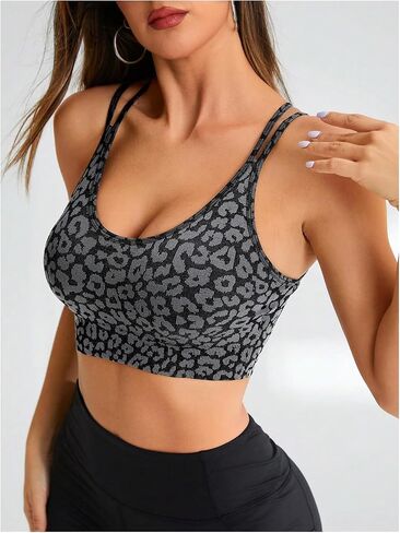 MakeMeChic Women's Sports Bras Leopard Criss Cross Spaghetti Strap Workout Yoga Sport Bra in Saudi Arabia