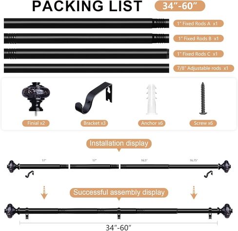 Gold Curtain Rods for Windows 48 to 84 Inch, Decorative Vintage Crystal 1'' Diameter Curtain Rod with Gold Foil Finials, Adjustable Heavy Duty Easy Install Drapery Pole Set for Farmhouse, Bedroom in Kuwait