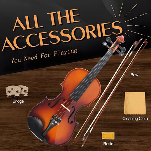 3/4 Acoustic Violin, Solidwood Ebony Fitted Violin with Case, 2 Bows, Bridge, Rosin - Stringed Musical Instruments in Saudi Arabia