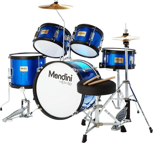 Mendini by Cecilio Kids Drum Set, 5 Piece 16 Inch Junior Drums Kit with Bass, Toms, Snare Drum, Cymbal, Hi-Hat, Drumsticks & Seat for Beginner Student (Metallic Blue) in Kuwait