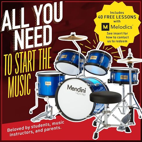 Mendini by Cecilio Kids Drum Set, 5 Piece 16 Inch Junior Drums Kit with Bass, Toms, Snare Drum, Cymbal, Hi-Hat, Drumsticks & Seat for Beginner Student (Metallic Blue) in Kuwait