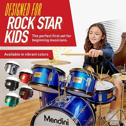 Mendini by Cecilio Kids Drum Set, 5 Piece 16 Inch Junior Drums Kit with Bass, Toms, Snare Drum, Cymbal, Hi-Hat, Drumsticks & Seat for Beginner Student (Metallic Blue) in Kuwait