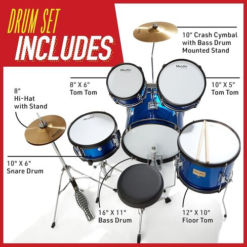 Mendini by Cecilio Kids Drum Set, 5 Piece 16 Inch Junior Drums Kit with Bass, Toms, Snare Drum, Cymbal, Hi-Hat, Drumsticks & Seat for Beginner Student (Metallic Blue) in Kuwait