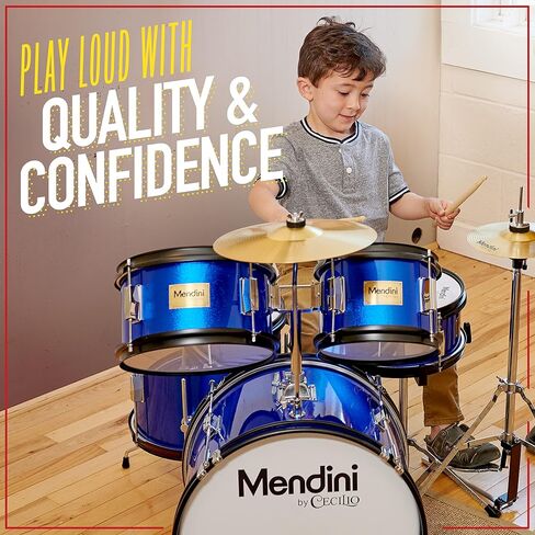 Mendini by Cecilio Kids Drum Set, 5 Piece 16 Inch Junior Drums Kit with Bass, Toms, Snare Drum, Cymbal, Hi-Hat, Drumsticks & Seat for Beginner Student (Metallic Blue) in Kuwait