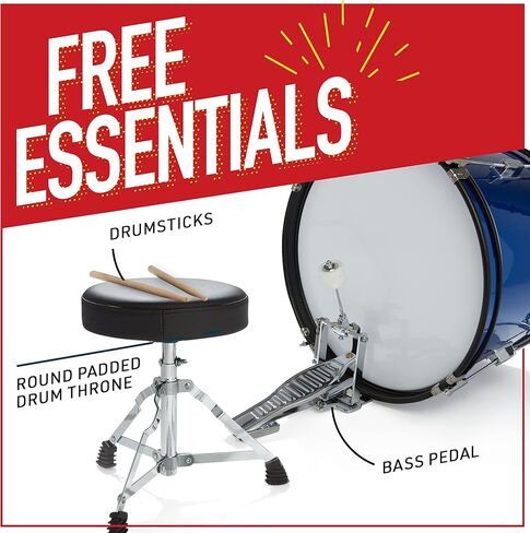 Mendini by Cecilio Kids Drum Set, 5 Piece 16 Inch Junior Drums Kit with Bass, Toms, Snare Drum, Cymbal, Hi-Hat, Drumsticks & Seat for Beginner Student (Metallic Blue) in Kuwait