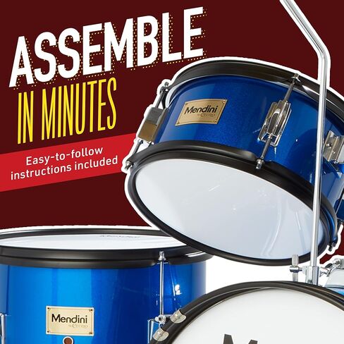 Mendini by Cecilio Kids Drum Set, 5 Piece 16 Inch Junior Drums Kit with Bass, Toms, Snare Drum, Cymbal, Hi-Hat, Drumsticks & Seat for Beginner Student (Metallic Blue) in Kuwait