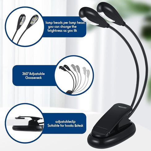 Retisee 6 PCS Music Stand Clip on Reading Light Dual Dual Heads USB و AAA Battery LED LED مصابيح LED في السرير 3 مستويات سطوع مثالية للموسيقي ، البطارية غير مدرجة (نمط الذراع المزدوج) in Kuwait