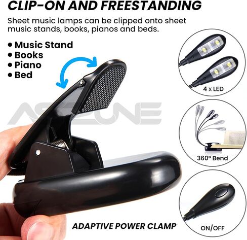Music Stand Light 2Pack ، مقطع مصباح للموسيقى ، وأضواء Book Lights USB و AAA التي تعمل بطارية ، ومصباح القراءة في السرير ، ومستويات سطوع ، مثالي للموسيقي ، مشغل البيانو ، الأطفال ، السفر المزدوج الأسود in Kuwait