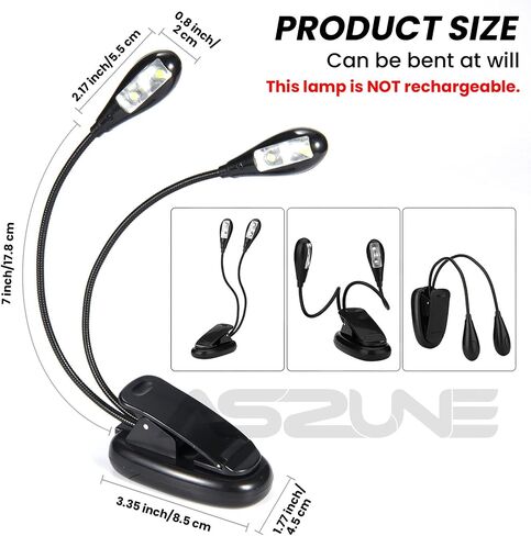 Music Stand Light 2Pack ، مقطع مصباح للموسيقى ، وأضواء Book Lights USB و AAA التي تعمل بطارية ، ومصباح القراءة في السرير ، ومستويات سطوع ، مثالي للموسيقي ، مشغل البيانو ، الأطفال ، السفر المزدوج الأسود in Kuwait