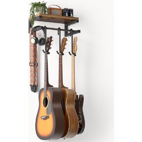 شماعات تركيب جدار الجيتار المتعددة من Keebofly مع 3 قيثارات مع رف ريفي ، وسنانير 3-detachable عالمية الملاءمة للصوت ، والكهرباء ، والباس والقيثارة (براون) in Kuwait