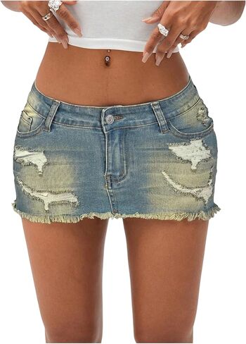 MakeMeChic Women's Denim Mini Skirt Low Waist Distressed Raw Hem Bodycon Going Out Jean Skirts in Saudi Arabia
