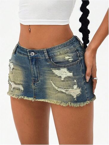 MakeMeChic Women's Denim Mini Skirt Low Waist Distressed Raw Hem Bodycon Going Out Jean Skirts in Saudi Arabia