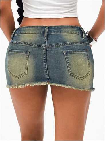MakeMeChic Women's Denim Mini Skirt Low Waist Distressed Raw Hem Bodycon Going Out Jean Skirts in Saudi Arabia