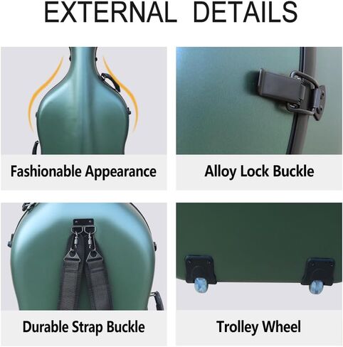 yinfente carbon cello cello case 4/4 مقبض مدمج الحجم الكامل ، العجلة ، المحمول الخلفي ، تشيلو مربع الصلبة الصلبة الخفيفة الوزن (اللون الأخضر السوداء) in Kuwait