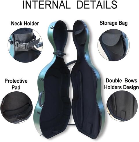 yinfente carbon cello cello case 4/4 مقبض مدمج الحجم الكامل ، العجلة ، المحمول الخلفي ، تشيلو مربع الصلبة الصلبة الخفيفة الوزن (اللون الأخضر السوداء) in Kuwait