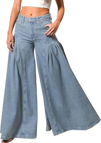 Women Bell Bottom Jeans High Waist Stretch Wide Leg Baggy Flared Pleated Vintage Casual Loose Denim Pants in Saudi Arabia