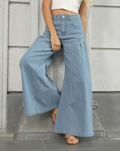 Women Bell Bottom Jeans High Waist Stretch Wide Leg Baggy Flared Pleated Vintage Casual Loose Denim Pants in Saudi Arabia