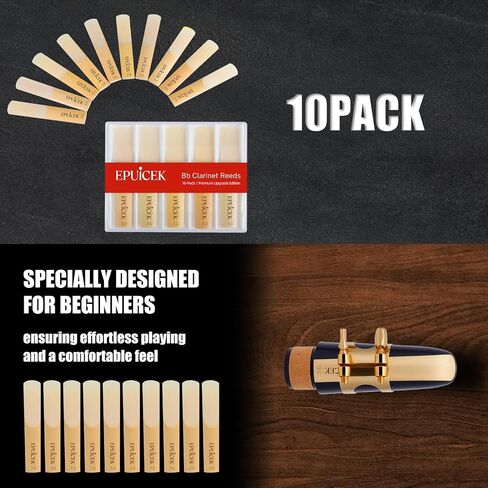 10 Pack Bb Clarinet Reeds 2.5 Strength for Beginner and Player, Thinner Reed Tip & Unfiled Cut for Easy Play, Traditional Bb Clarinet Reeds with Plastic Case in Kuwait