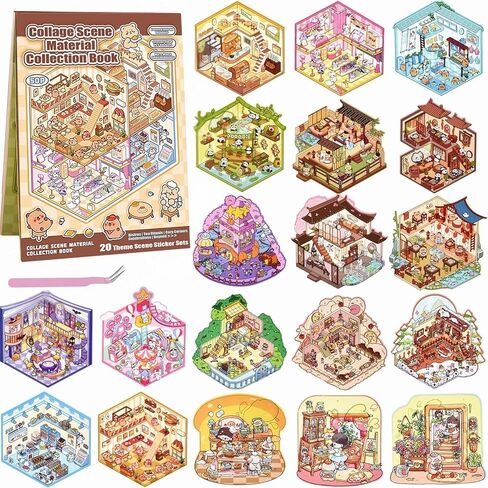 20 Sets 3D Sticker Scenes, Isometric Miniature Room Stickers Book for Therapy, Cute Cartoon Animal Stickers for Adults & Kids, Stress Relief DIY Sticker Scene in Saudi Arabia