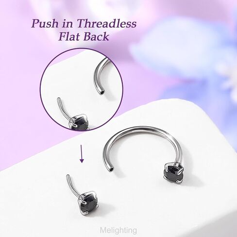 Melighting 20G Horseshoe Nose Rings Stainless Steel 316L, Double Cubic Zirconia Threadless Push in Nose Stud Hoop Piercing, Cartilage Lip Helix Piercing Jewellery for Women 7/8/9 mm in Saudi Arabia