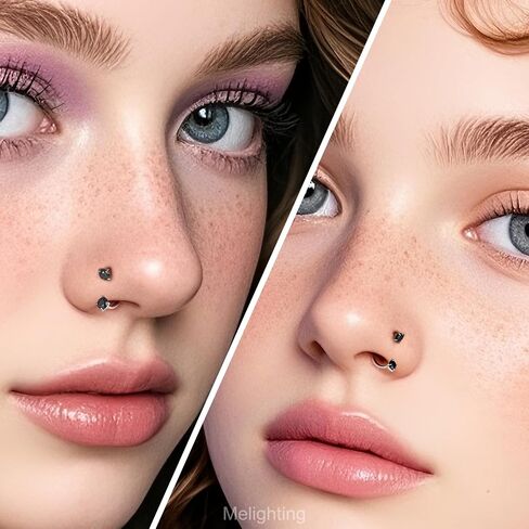Melighting 20G Horseshoe Nose Rings Stainless Steel 316L, Double Cubic Zirconia Threadless Push in Nose Stud Hoop Piercing, Cartilage Lip Helix Piercing Jewellery for Women 7/8/9 mm in Saudi Arabia