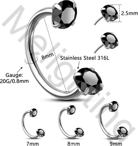 Melighting 20G Horseshoe Nose Rings Stainless Steel 316L, Double Cubic Zirconia Threadless Push in Nose Stud Hoop Piercing, Cartilage Lip Helix Piercing Jewellery for Women 7/8/9 mm in Saudi Arabia
