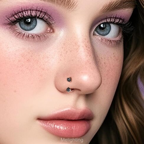 Melighting 20G Horseshoe Nose Rings Stainless Steel 316L, Double Cubic Zirconia Threadless Push in Nose Stud Hoop Piercing, Cartilage Lip Helix Piercing Jewellery for Women 7/8/9 mm in Saudi Arabia
