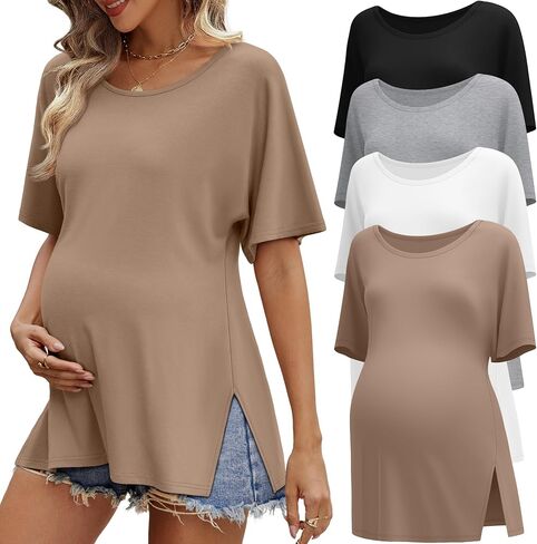 4 Pack Women's Maternity Shirts Short Sleeve 35% Cotton Side Split Pregnancy Tops Casual Summer Clothes Multipack in Saudi Arabia