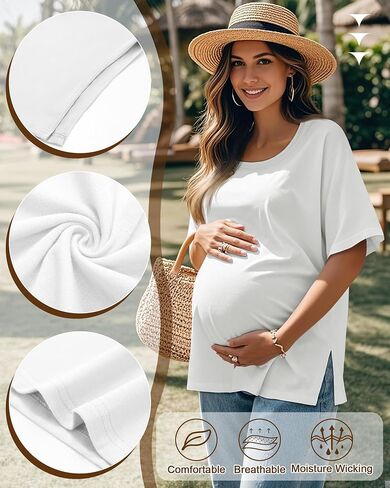 4 Pack Women's Maternity Shirts Short Sleeve 35% Cotton Side Split Pregnancy Tops Casual Summer Clothes Multipack in Saudi Arabia