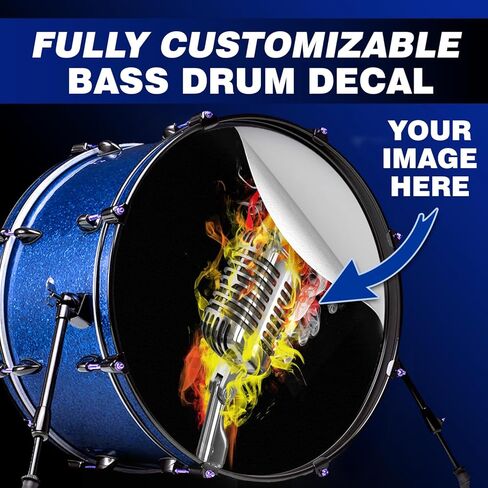 22 Inch Custom Waterproof Bass Drum Decal - Personalized Stickers for Drums, Full Color Logo Band, Head Wrap, Easy Apply & Remove for Professional or DIY Kits, Made in USA in Kuwait