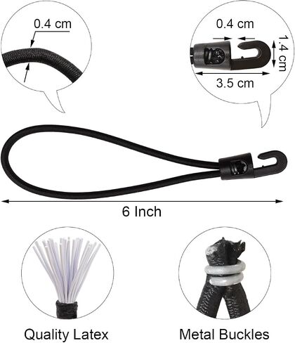 Small Black Bungee Cords with Hooks, 25 Pcs, 10 Inch, Latex Rubber, Heavy Duty, Sunproof, Waterproof, Elastic, Suitable for Tarpaulins, Tents, Canopy and Fixings in Saudi Arabia