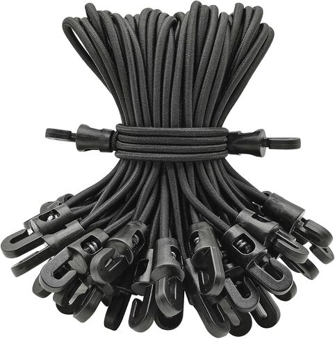 Small Black Bungee Cords with Hooks, 25 Pcs, 10 Inch, Latex Rubber, Heavy Duty, Sunproof, Waterproof, Elastic, Suitable for Tarpaulins, Tents, Canopy and Fixings in Saudi Arabia
