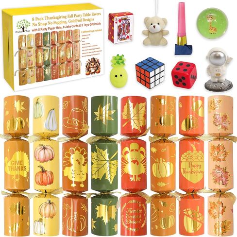 8 PC Thanksgiving Crackers Poppers Party Table Favors No Snap No Popping Fall Thanksgiving Games Activities for Kids Family with Party Hat Joke Gifts Toys Holiday Traditions Prizes in Saudi Arabia
