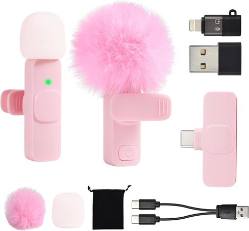 Mini Pink Microphone لـ iPhone Android Phone Tablet PC ، USB C MIC اللافالير اللاسلكي لتسجيل الفيديو Vlogging YouTube Tiktok Podcast Contractors ، Tiny Microphones Mics in Kuwait