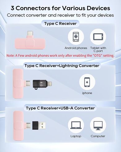 Mini Pink Microphone لـ iPhone Android Phone Tablet PC ، USB C MIC اللافالير اللاسلكي لتسجيل الفيديو Vlogging YouTube Tiktok Podcast Contractors ، Tiny Microphones Mics in Kuwait