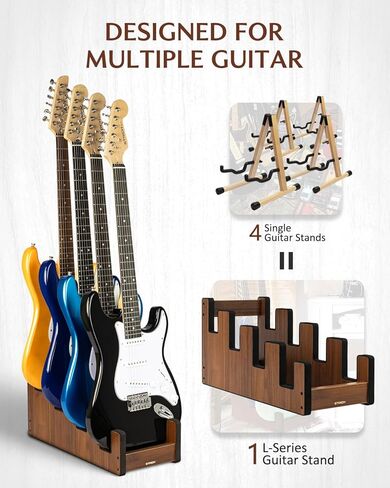 STRICH Wooden Guitar Stand for Multiple Guitars, 4-Holder, Front Display Space-Saving Floor Guitar Rack for Home, Studio, Stage, Walnut Color, L-3E1AW (For 3 Electric+1 Acoustic) in Saudi Arabia
