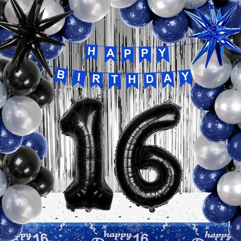 15th Birthday Decorations for Boys and Girls, 15th Birthday Party Decorations Blue and Silver, 15 HAPPY BIRTHDAY Banner Black Number Balloons Garland 15 Years Old Bday Party Supplies with Tablecloth in Kuwait