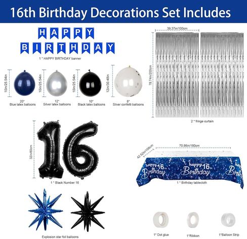 15th Birthday Decorations for Boys and Girls, 15th Birthday Party Decorations Blue and Silver, 15 HAPPY BIRTHDAY Banner Black Number Balloons Garland 15 Years Old Bday Party Supplies with Tablecloth in Kuwait