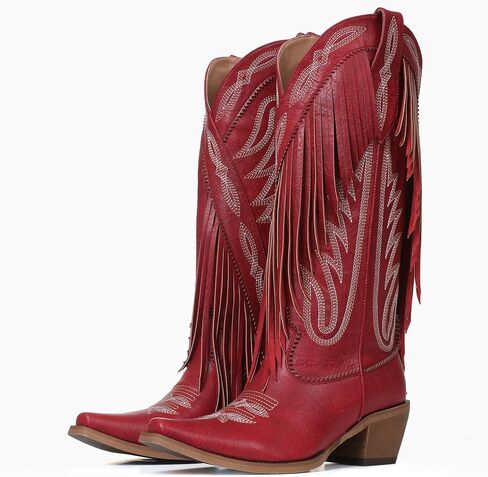 Mattiventon Cowboy Boots for Women Fringe Knee High Cowgirl Western Boots مع تطريز كلاسيكي مدبب من كعب مكتنزة لحفلات الزفاف in Kuwait