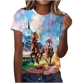 Womens Horse Racing Tops Short Sleeve Summer Retro Tshirts Crew Neck Graphic Tee Shirt Stylish Workout Tunics in Saudi Arabia