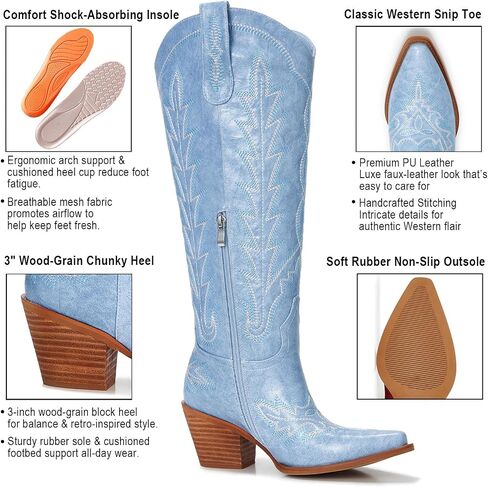 Cowboy Boots For Women - Western Knee High Cowgirl Boots with Snip Toe, 3" Wood Grain Block Heel, Slip-On & Side Zipper | Classic Western Embroidered Design in Saudi Arabia