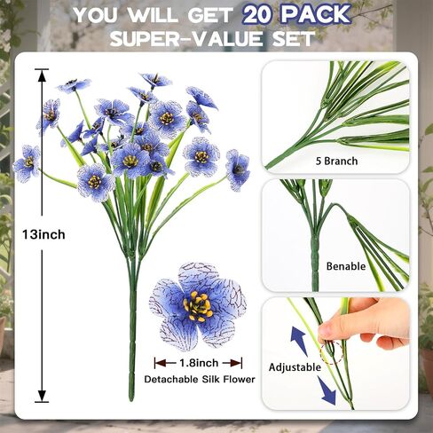 20 Bundles Artificial Flowers for Outdoors Decorations, Fake Flowers Faux Plants Silk Colorful Daisy Eucalyptus Flowers Realistic UV Resistant for Garden Patio Porch Box Home Decor, White in Saudi Arabia