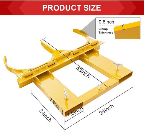 Drum Grabber 1500lbs Capacity Single Fork Mounted Drum Gripper, Hinged Folding Arm Design for 55 Gallon Drums up to 22.4" Diameter, Yellow in Saudi Arabia