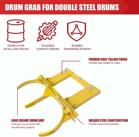 Drum Grabber 1500lbs Capacity Single Fork Mounted Drum Gripper, Hinged Folding Arm Design for 55 Gallon Drums up to 22.4" Diameter, Yellow in Saudi Arabia