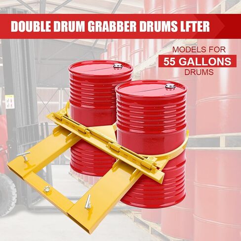 Drum Grabber 1500lbs Capacity Single Fork Mounted Drum Gripper, Hinged Folding Arm Design for 55 Gallon Drums up to 22.4" Diameter, Yellow in Saudi Arabia