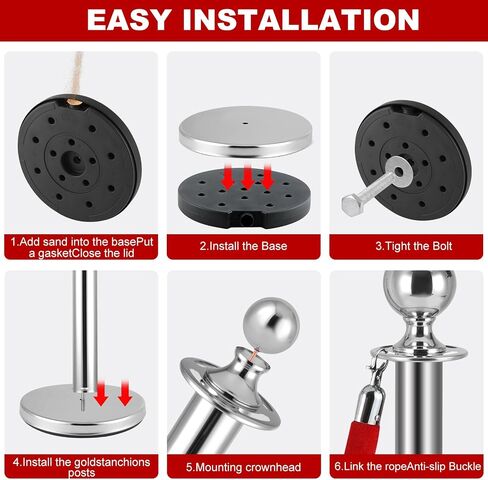 4 PCS Stainless Steel Stanchion Post,5Ft Red Velvet Rope, Hollow Base and Velvet Ropes Safety Barriers Set, Poles Crowd Control Barriers for Red Carpet Themed Decoration in Kuwait