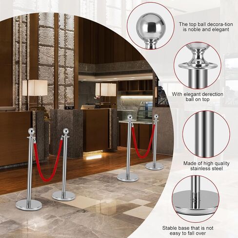 4 PCS Stainless Steel Stanchion Post,5Ft Red Velvet Rope, Hollow Base and Velvet Ropes Safety Barriers Set, Poles Crowd Control Barriers for Red Carpet Themed Decoration in Kuwait