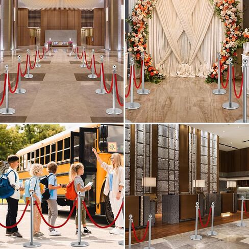 4 PCS Stainless Steel Stanchion Post,5Ft Red Velvet Rope, Hollow Base and Velvet Ropes Safety Barriers Set, Poles Crowd Control Barriers for Red Carpet Themed Decoration in Kuwait