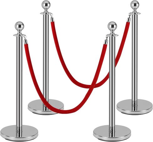4 PCS Stainless Steel Stanchion Post,5Ft Red Velvet Rope, Hollow Base and Velvet Ropes Safety Barriers Set, Poles Crowd Control Barriers for Red Carpet Themed Decoration in Kuwait