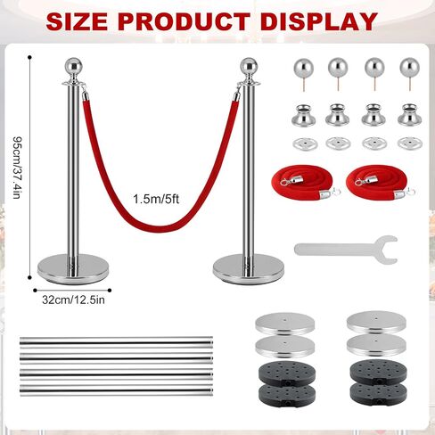 4 PCS Stainless Steel Stanchion Post,5Ft Red Velvet Rope, Hollow Base and Velvet Ropes Safety Barriers Set, Poles Crowd Control Barriers for Red Carpet Themed Decoration in Kuwait